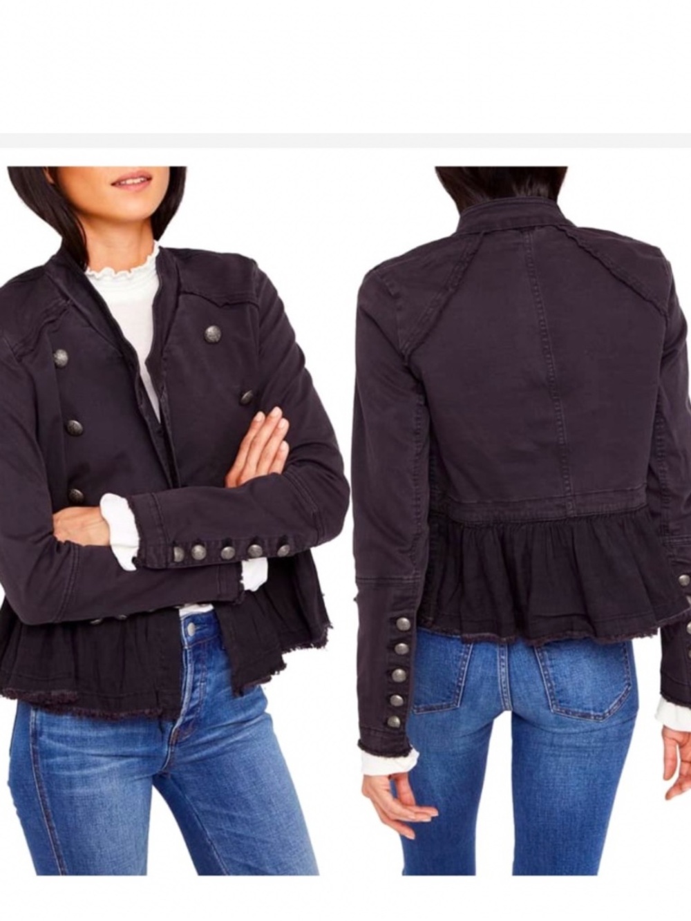Free People Flared Hem Military Jacket in Washed Black sz S EUC $148R